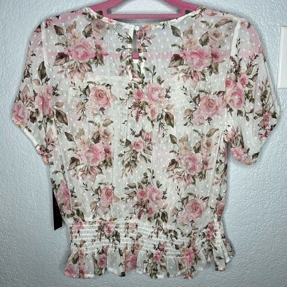 New! Almost Famous White Floral Print Gossy Short Sleeve Blouse Top Sz Smalll - Picture 3 of 11